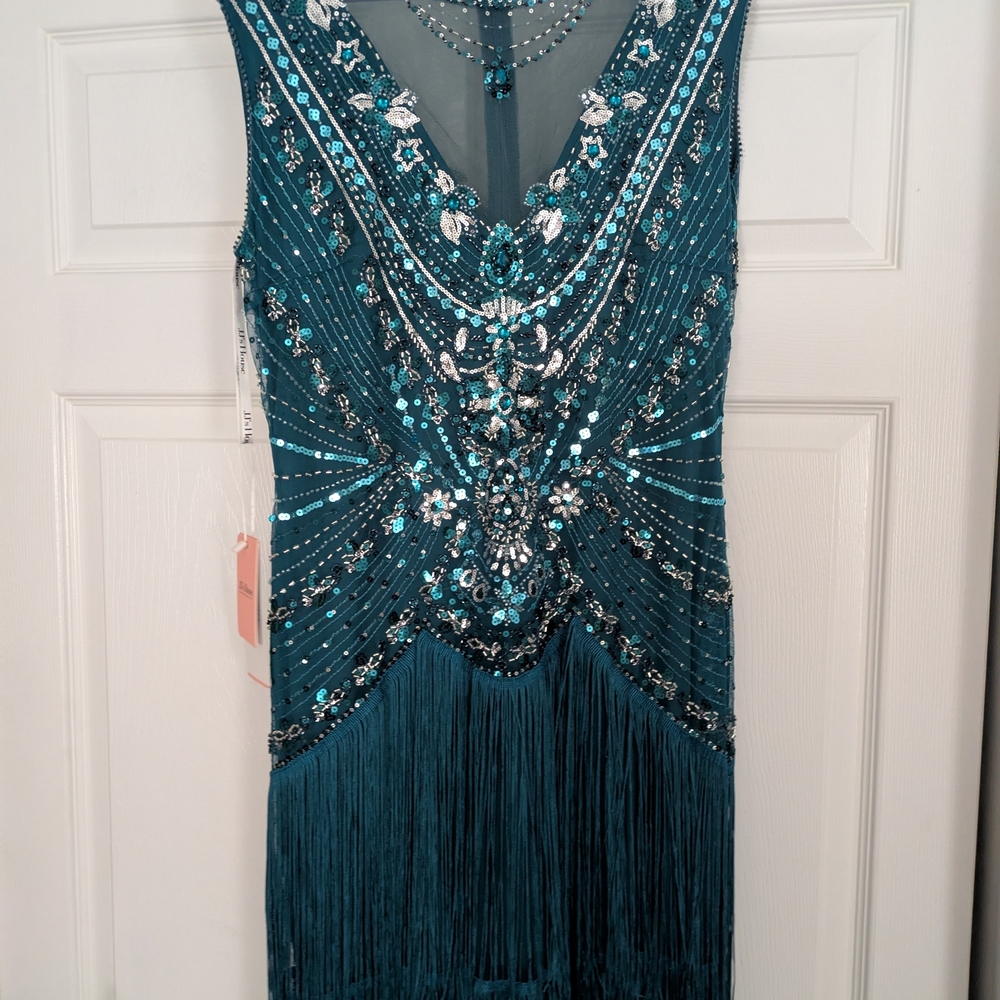 JJs House Teal Sequin Fringe Midi Dress